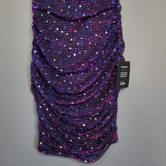 Lulus Mini Dress Womens XS Purple Sequin Ruched Bodycon Spaghetti Strap Party - Picture 4 of 11